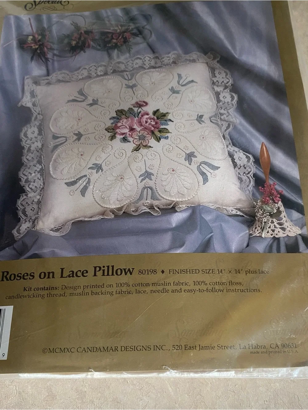 Vintage 90s Candamar Designs Roses on Lace Pillow Candlewicking Embroidery Kit